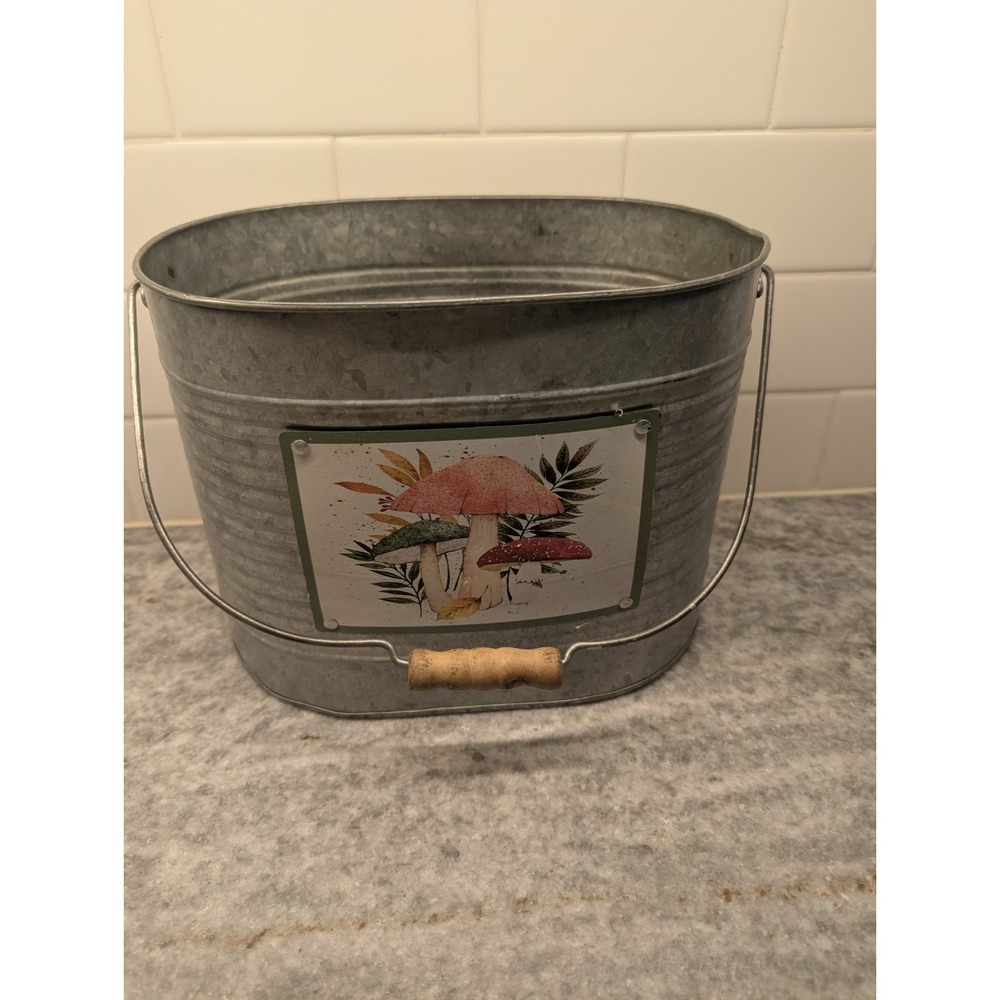 Mushroom Metal Bucket With Wooden Handle Kitschy‎ 8"X10"X7"